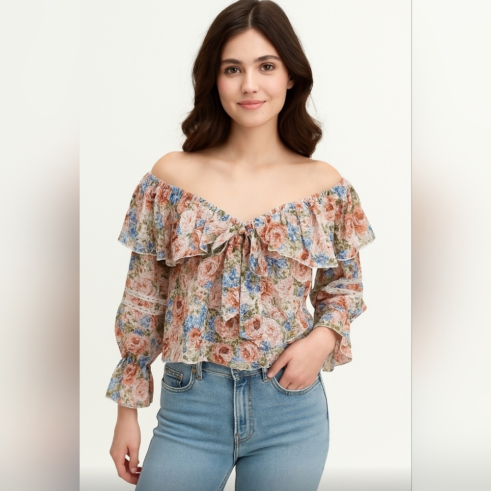Zara floral off shoulder ruffle blouse Boho Size M Peasant top long sleeve *